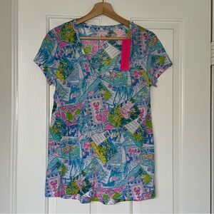 Lilly Pulitzer Etta V Neck Short Sleeve T Shirt Wish You Were Here Print Size S